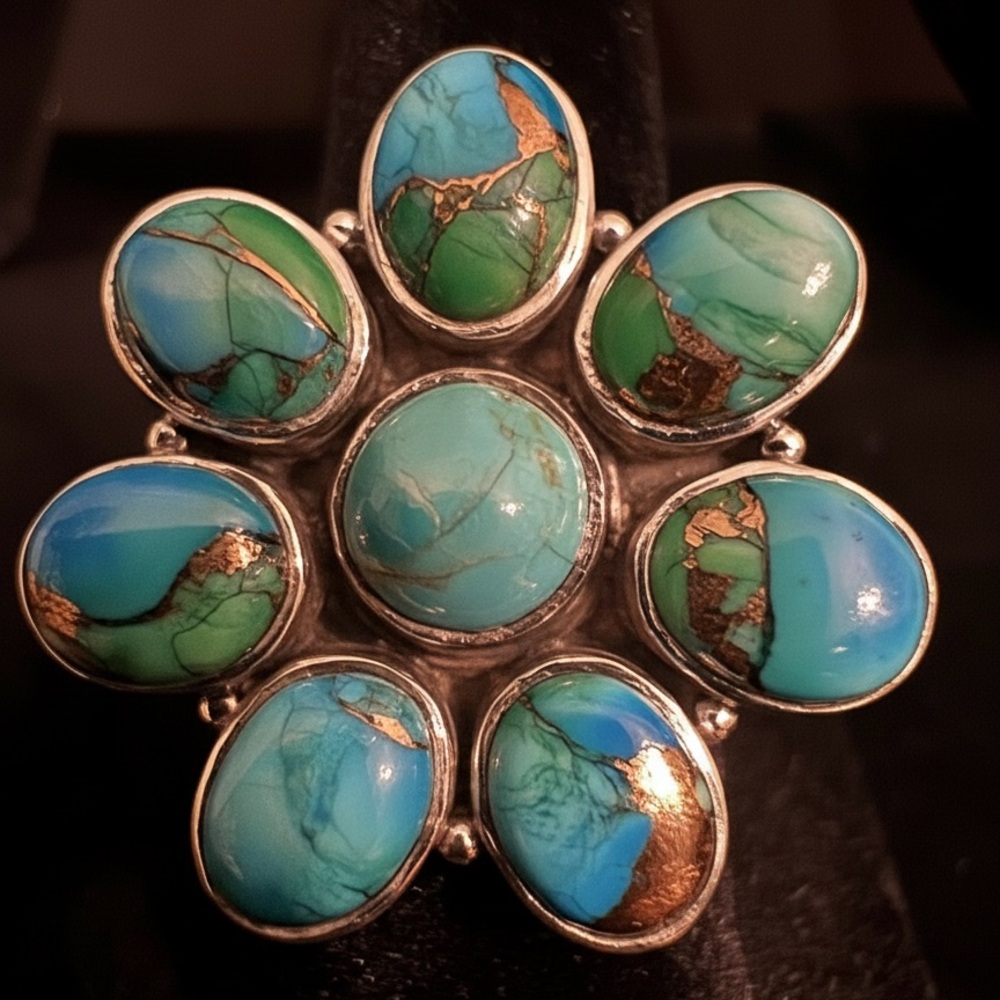 Genuine Turquoise Flower sterling silver Ring